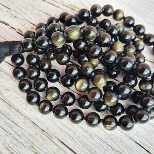 108 Black Silver Sheen Obsidian Mala, Top quality beads, Royal Obsidian , Cotton Tassel. Vegan Unisex Mala. image 5