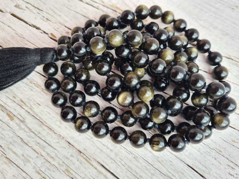 108 Black Silver Sheen Obsidian Mala, Top quality beads, Royal Obsidian , Cotton Tassel. Vegan Unisex Mala. image 5