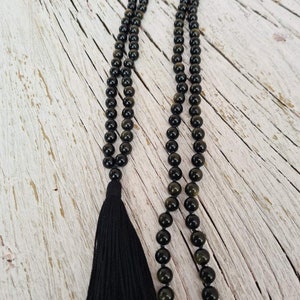 108 Black Silver Sheen Obsidian Mala, Top quality beads, Royal Obsidian , Cotton Tassel. Vegan Unisex Mala. image 8