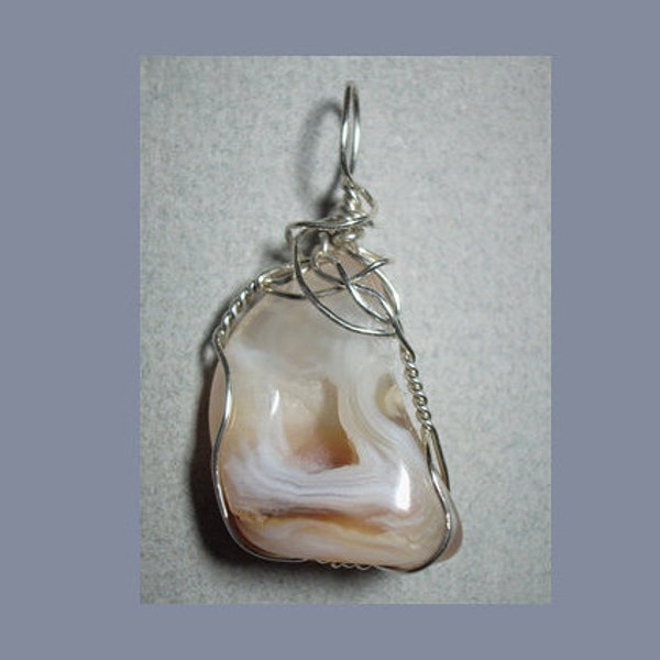Lace Agate Pendant, Sterling SilverWire Wrapped Stone Jewelry, Unique Artisan Handmade Necklace, White Clear Red Brown Stone, Support Stone