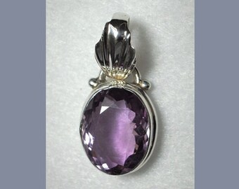 Amethyst Faceted Oval Pendant, Sterling Silver Bezel Amethyst Jewelry, Vintage Handmade Gemstone Necklace, Clear Purple Stone Pendant