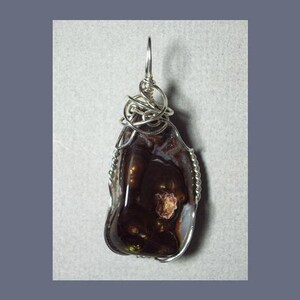 Fire Agate Pendant-Sterling Silver Wire Wrapped Agate Jewelry-Artisan Handmade Gemstone Jewelry-Large Brown Clear Multi-color Stone Pendant