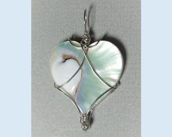 Mother of Pearl Heart Bead Pendant: Sterling Silver Wire Wrapped Shell Jewelry-Large Handmade Pendants-White Pearlescent Necklaces
