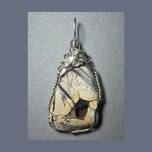 Rock Art Jasper Pendant, Sterling Silver Wire Wrapped Gemstone Jewelry, Unique Handmade Stone Necklace, Beige Lavender Purple Gray Pendant