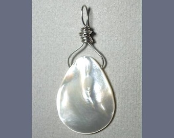 Mother of Pearl Bead Pendant: Sterling Silver Wire Wrapped Shell Jewelry-Unique Handmade White Iridescent  Necklace