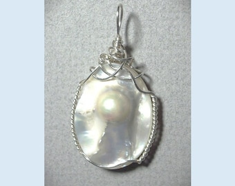 Mabe Pearl Pendant, Wire Wrapped .925 Sterling Silver Jewelry, Unique Handmade Shell Necklace, Large White Iridescent Mabe Pearl Pendant