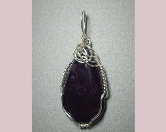 Sugilite Cabochon Pendant, Sterling Silver Wire Wrapped Gemstone Jewelry, Unique Hand Crafted Necklace, Rare Dark Purple Stone Pendant
