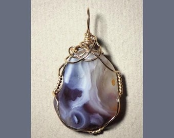 Lace Agate Pendant: Gold Filled Wire Wrapped Jewelry-Unique Handmade Gemstone Necklace-Maroon Purple White Clear Stone Pendant