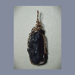 Raw Apache Tear Pendant, Bronze Wire Wrapped Natural Stone Jewelry, Artisan Handmade Necklace, Large Flat Black Volcanic Glass Pendant