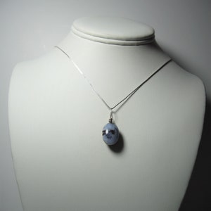 May include: A silver necklace with a small, oval-shaped pendant. The pendant is a light blue color with dark gray markings. The necklace is displayed on a white mannequin.
