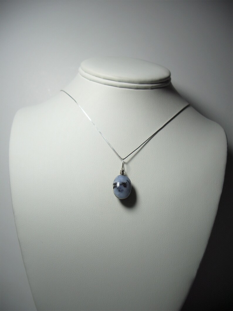 May include: A silver necklace with a small, oval-shaped pendant. The pendant is a light blue color with dark gray markings. The necklace is displayed on a white mannequin.