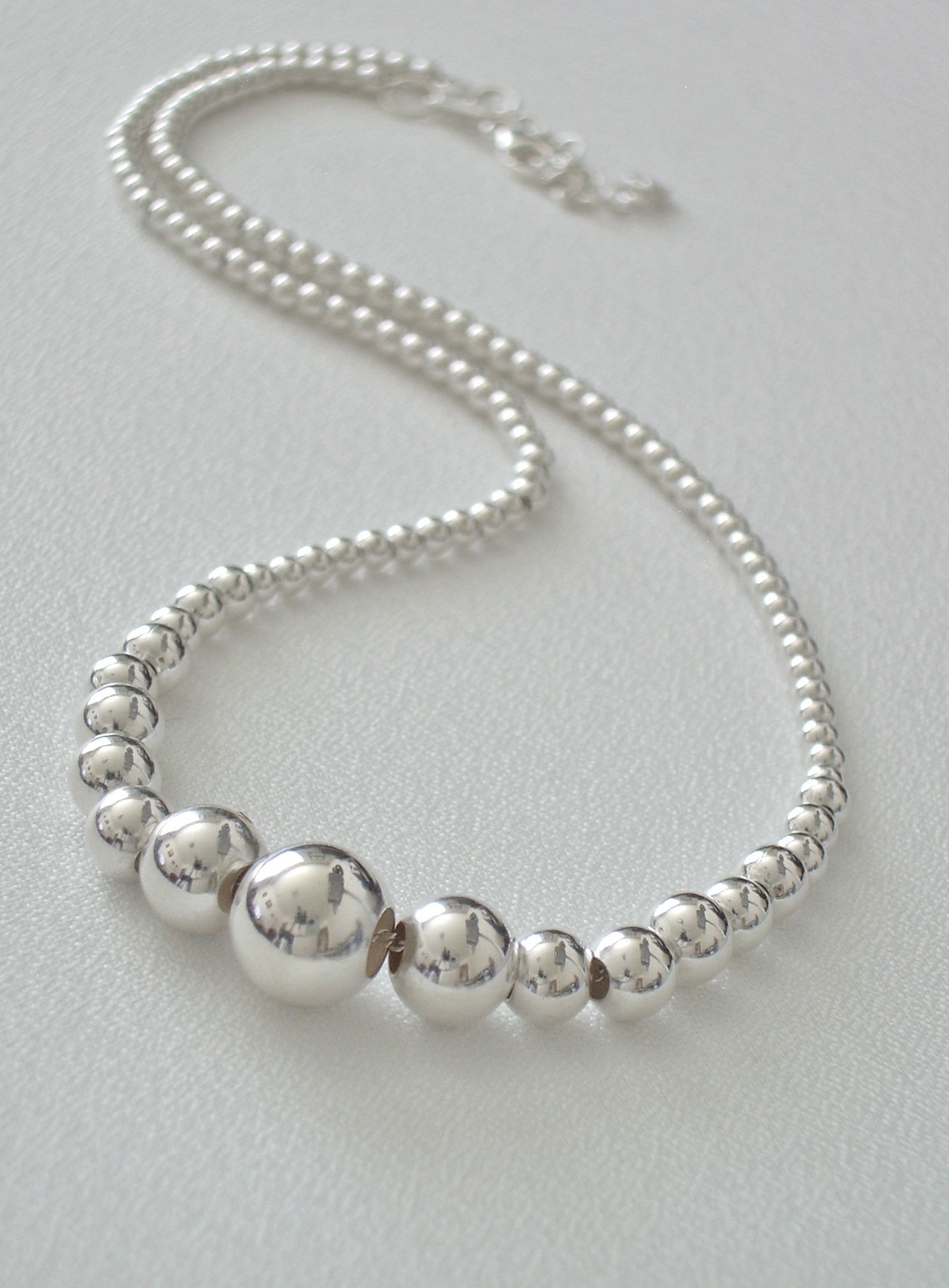 Sterling Silver Graduated Bead Necklace, Vintage Silver Bead Necklace