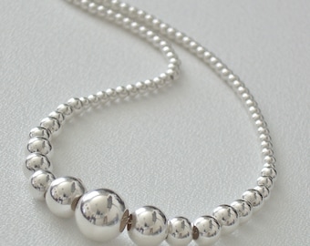 Sterling Silver Graduated Bead Necklace, Vintage Silver Bead Necklace, Hollow Silver Bead Necklace