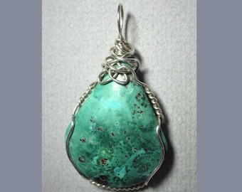 Chrysocolla Cuprite Pendant: Silver Wire Wrapped Gemstone Jewelry-Handmade Blue Green Red Stone Necklace
