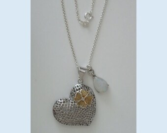 Sterling Silver Mesh Heart and Blue Moonstone Teardrop Pendants with 18” 1.7 mm Sterling Silver Cable Chain