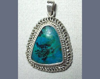 Chrysocolla Cabochon Pendant: .999 Fine Silver Bezel Coil and Twist Wire Pattern Necklace, Handmade Multi-Color Blue Green Black Jewelry