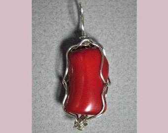 Red Coral Bead Pendant: Sterling Silver Wire Wrapped Natural Beach Gem Jewelry