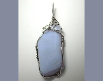 Blue Lace Agate Pendant-Wire Wrapped Sterling Silver Artisan Jewelry- Handmade Blue White Stone Necklace