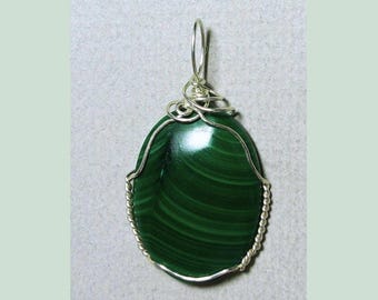 Malachite Cabochon Pendant: Sterling Silver Wire Wrapped Gemstone Jewelry-Artisan Handmade Large Green Stone Necklace
