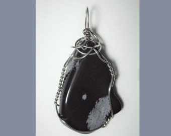 Snowflake Obsidian Pendant Wire Wrap .925 Sterling Silver; Wired Stone Pendant; Large Unique Hand Crafted Black White Natural Glass Pendant