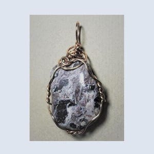 Raging River Rhyolite Pendant, Bronze Wire Wrapped Stone Jewelry, Unusual Artisan Handmade Stone Necklace, Pink Lavender Gray Stone Pendant