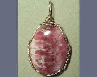 Rhodochrosite Cabochon Pendant: Gold-Filled Wire Wrapped Rhodochrosite Jewelry-Unique Handmade Gem Necklace-Large Pink White Stone Pendant