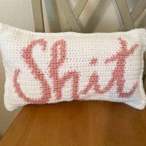 May include: A white crocheted pillow with the word "Shit" in pink lettering.