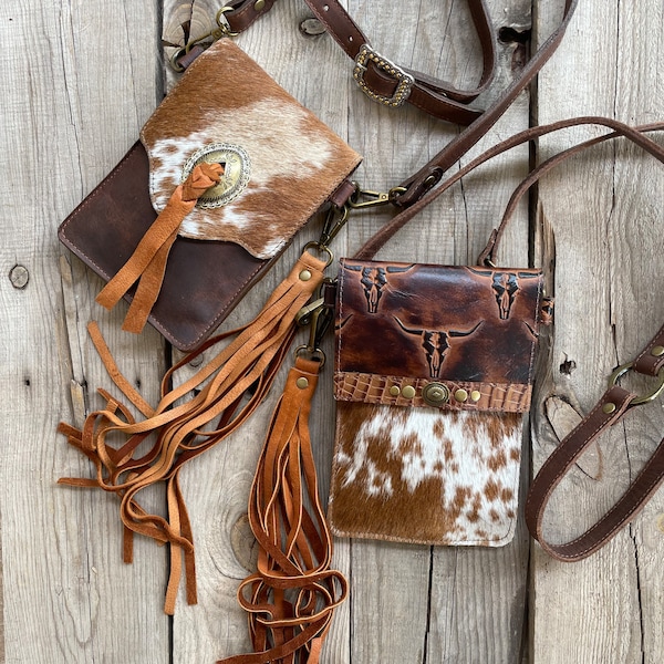 Cellphone Crossbody Bag-Cowhide Leather Grab’N Go Purse, hands free, western style, embossed leather, conchos