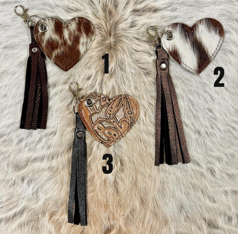 Cowhide and Leather Purse Charms-Heart Key Chains-Zipper pull Accessory image 3