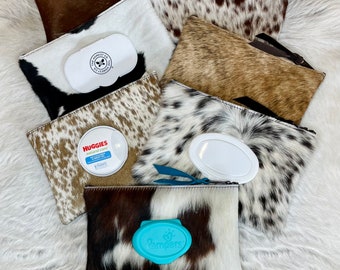 Cowhide Baby Wipes Case, Cowhide and Leather, Zippered Cowhide Wipes Holder, Western Style, Horse Tack, Car Accessory