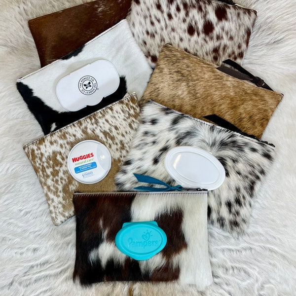 Cowhide Baby Wipes Case, Cowhide and Leather, Zippered Cowhide Wipes Holder, Western Style, Horse Tack, Car Accessory