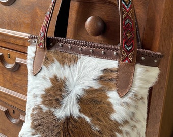 Cowhide Tote Bag-Beaded Handle Purse-Western Purse