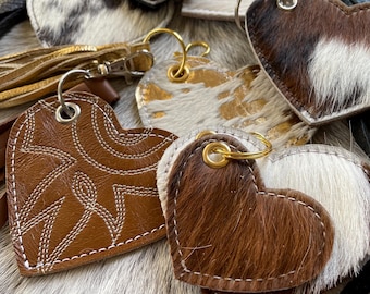 Cowhide and Leather Purse Charms-Heart Key Chains-Zipper pull Accessory