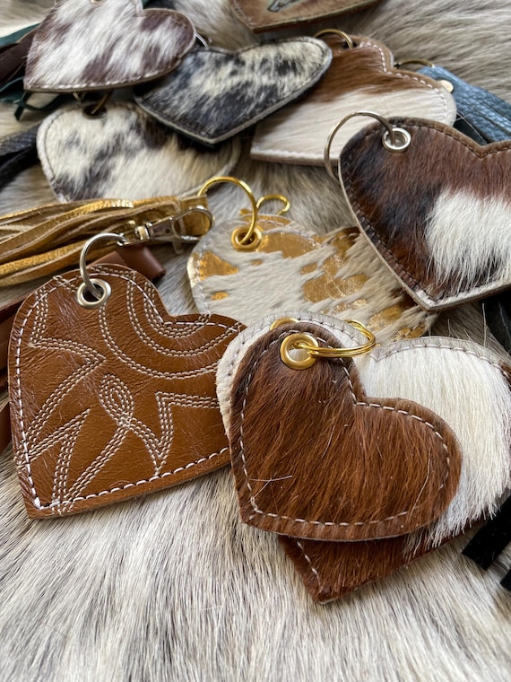 Cowhide and Leather Purse Charms-Heart Key Chains-Zipper pull Accessory