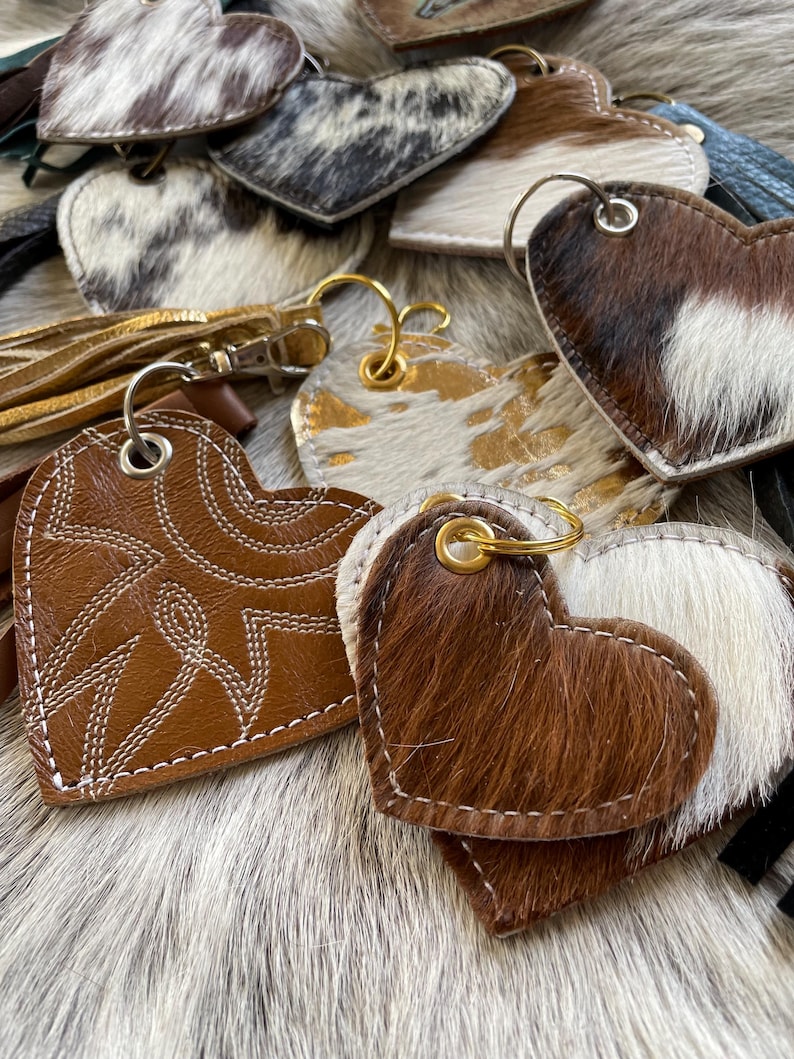 Cowhide and Leather Purse Charms-Heart Key Chains-Zipper pull Accessory image 1
