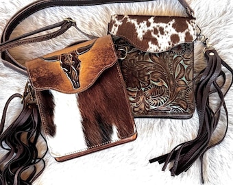 Cowhide Cellphone Crossbody Bag – “Grab ‘n Go”  Purse | Genuine Leather, Adjustable Strap