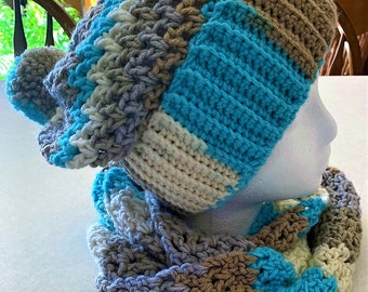 Handmade crochet hat and infinity scarf set – cozy and stylish winter accessories.
