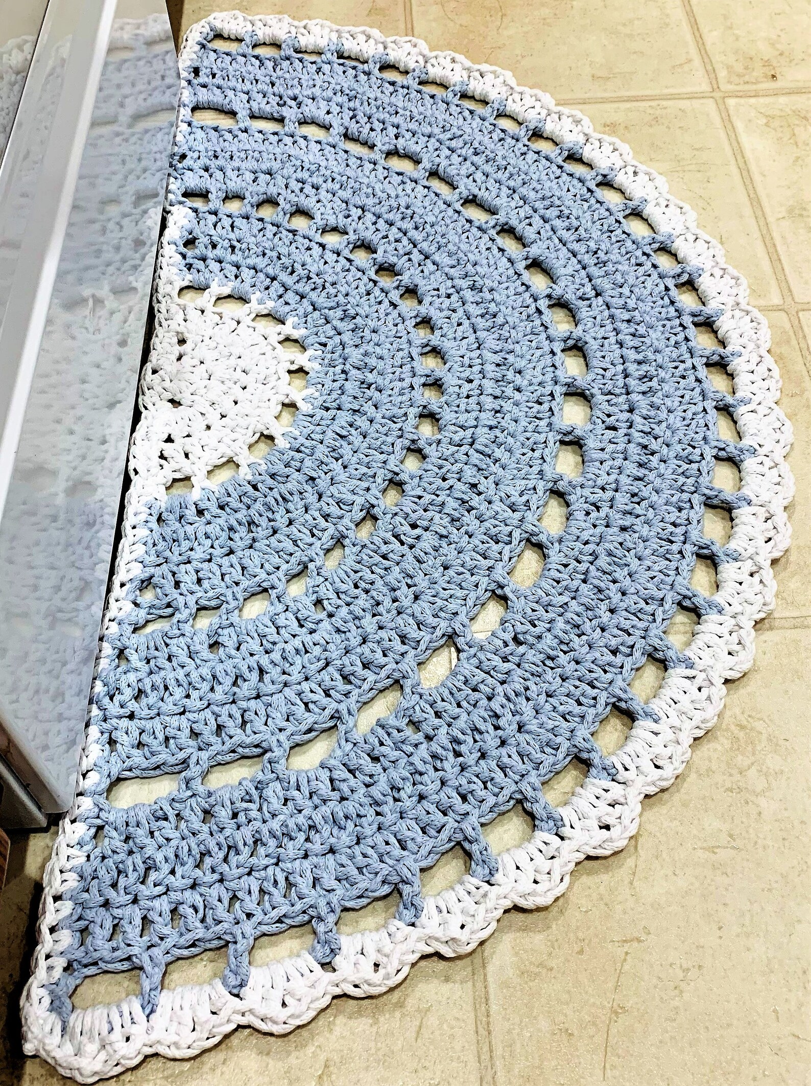 Crocheted Cotton Rope Half Circle Rug: White & Light Blue (41 X 20 ...