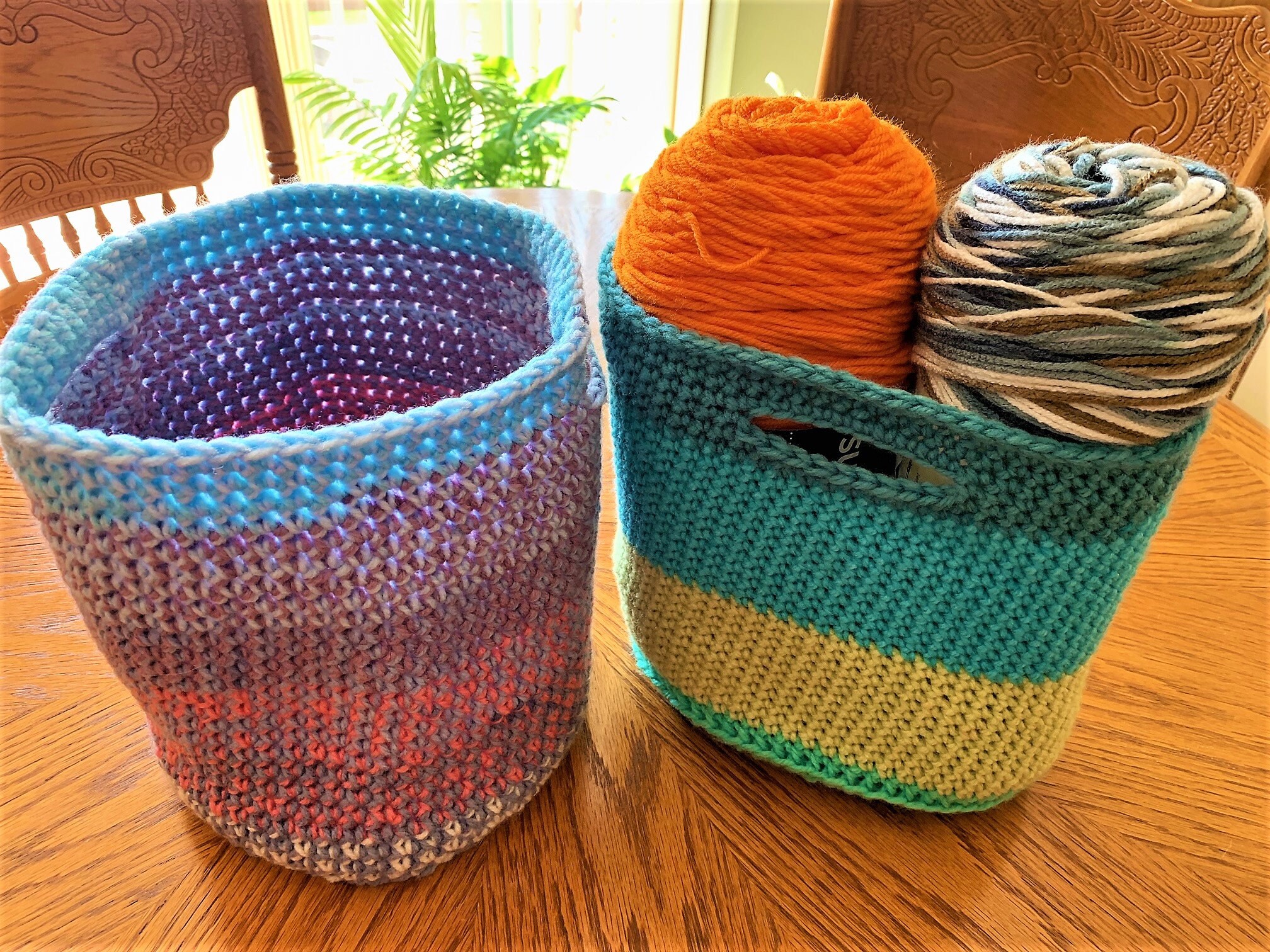 Set of 2 Crochet Baskets With Handles Colorful Crochet Baskets