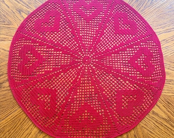 Handmade Crocheted Heart Doily: 23-inch Red Cotton Table Decor