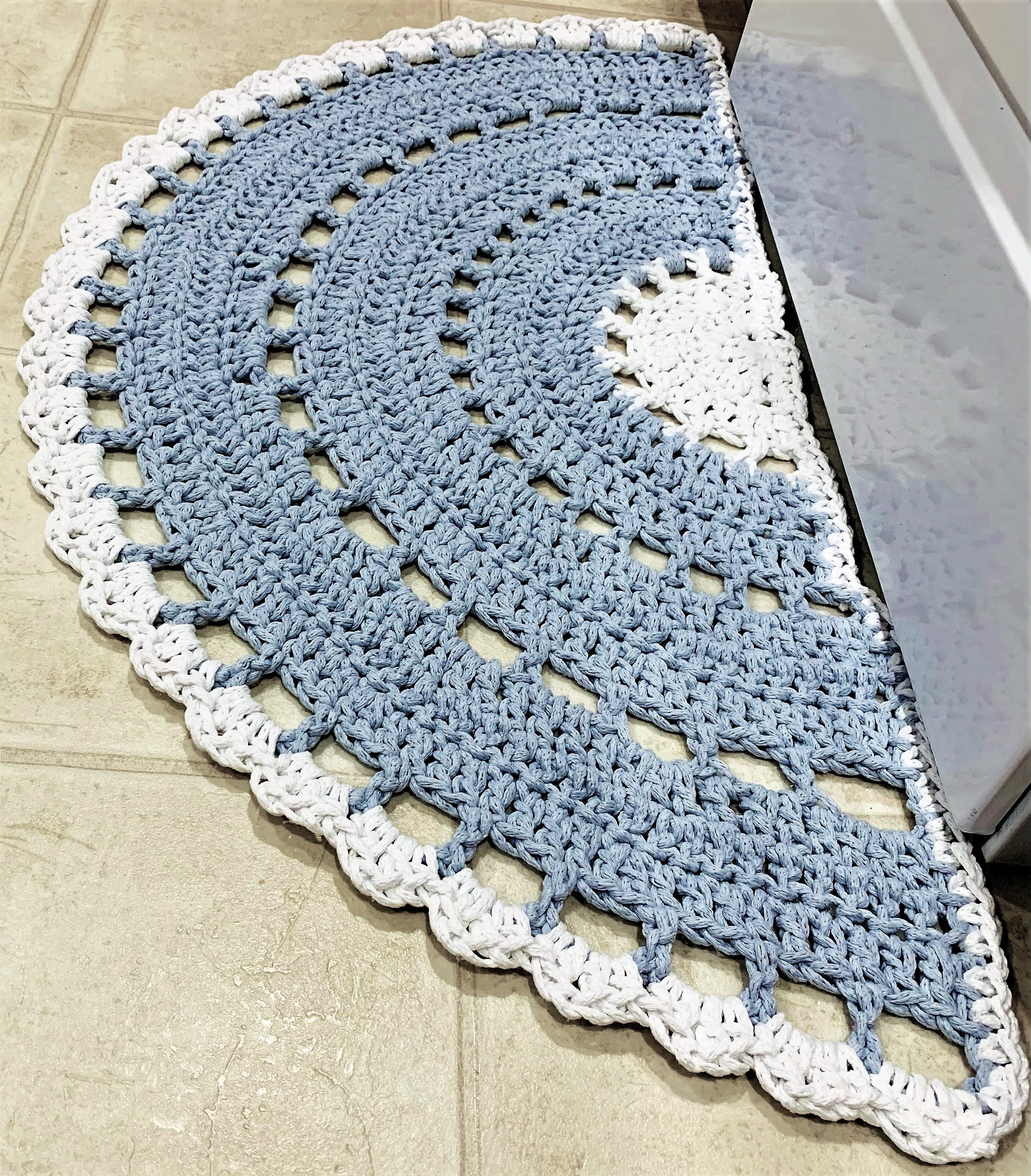 Crocheted Cotton Rope Half Circle Rug: White & Light Blue (41 X 20 ...