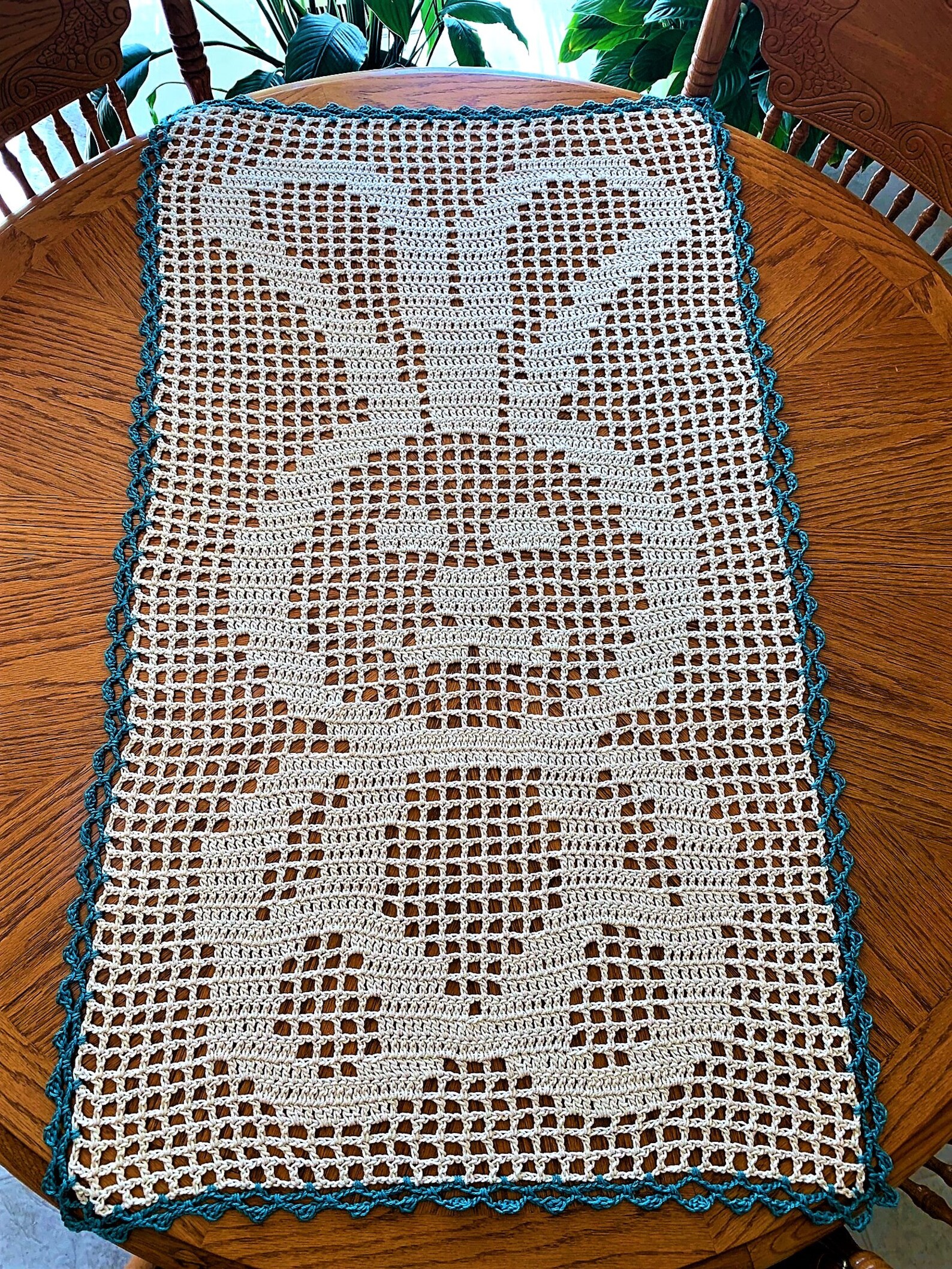 Crocheted Table Runner, Filet Bunny Table Runner, Home and Table Décor ...