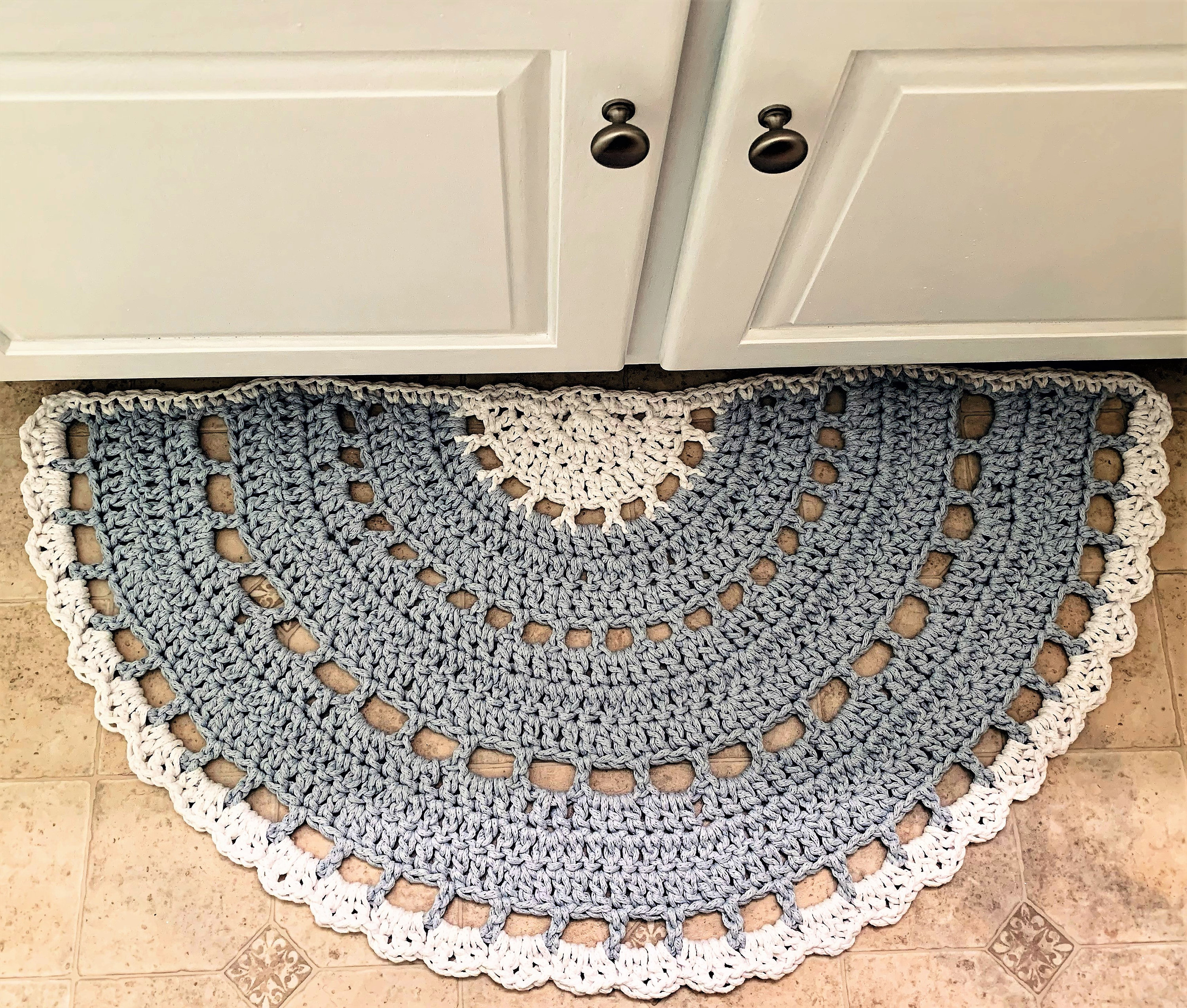 Crocheted Cotton Rope Half Circle Rug: White & Light Blue (41 X 20 ...