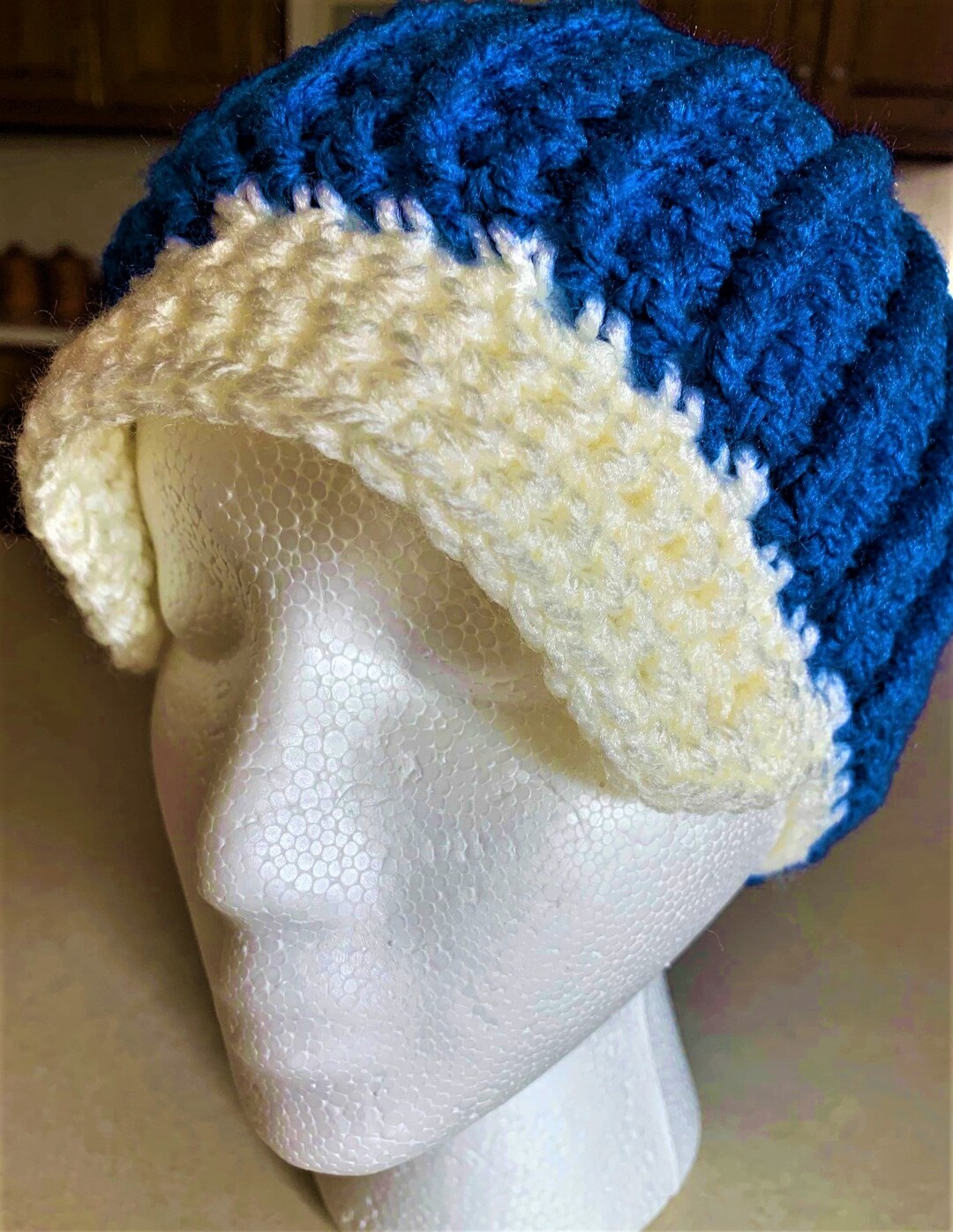 Handmade Crochet Virgin Wool Beanie Hat Blue White  display picture 2