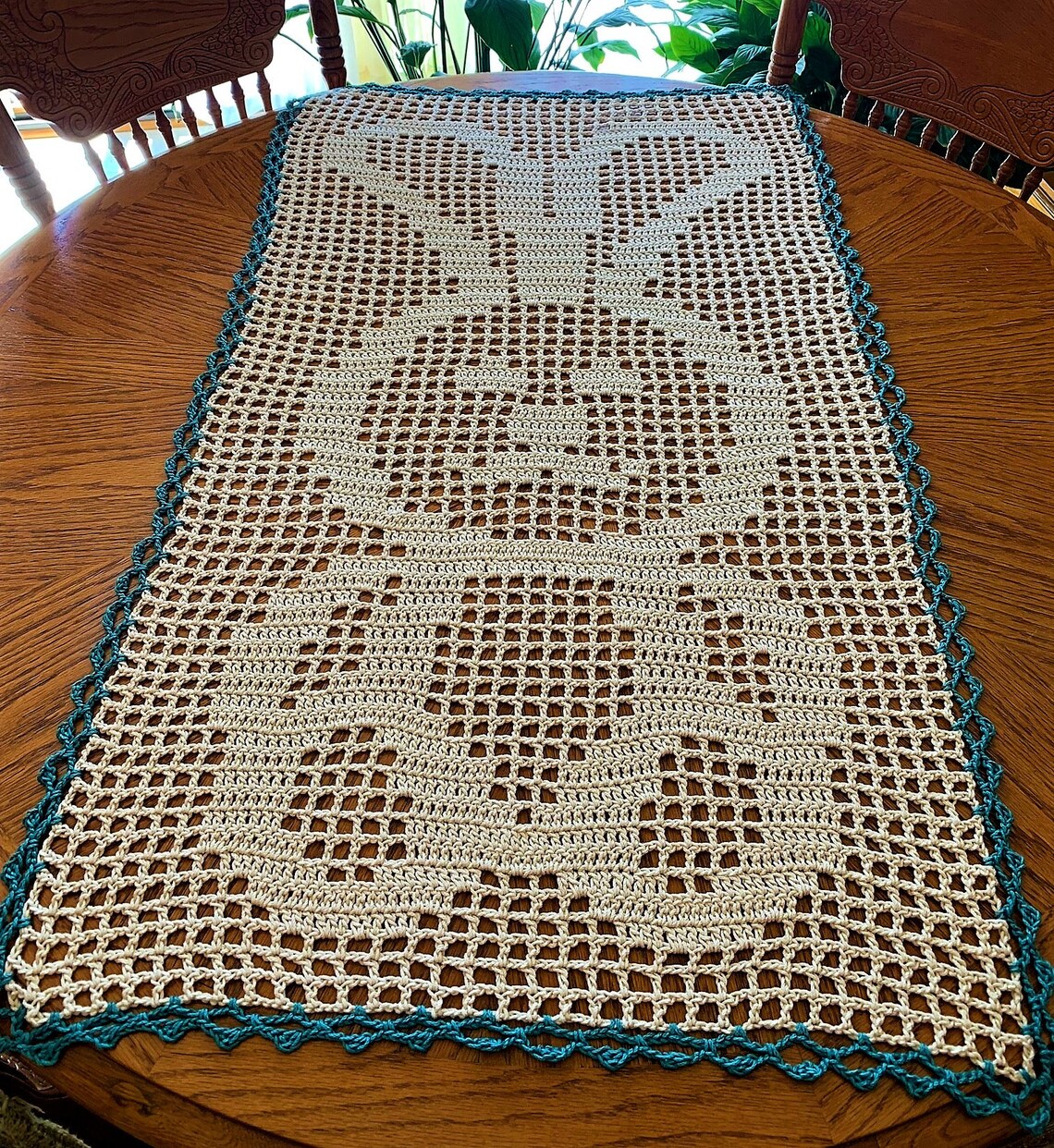 Crocheted Table Runner, Filet Bunny Table Runner, Home and Table Décor ...