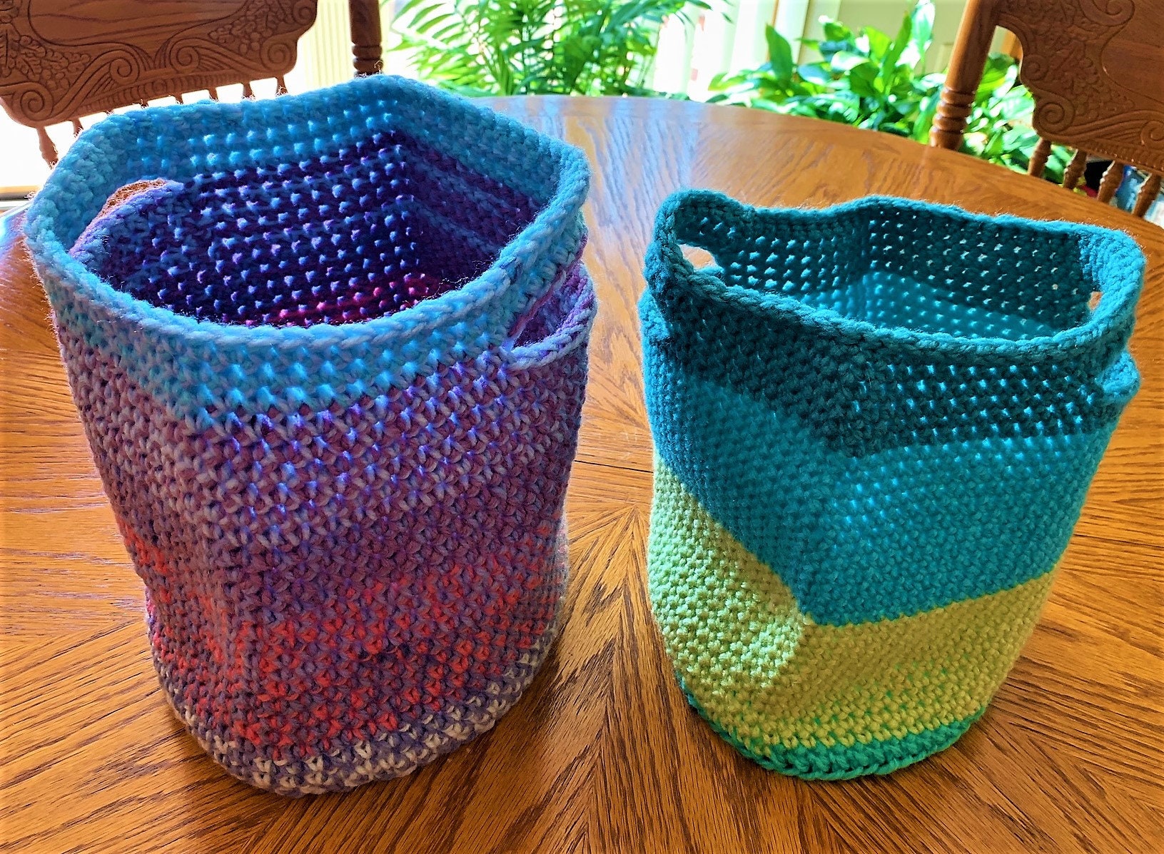 Set of 2 Crochet Baskets With Handles Colorful Crochet Baskets