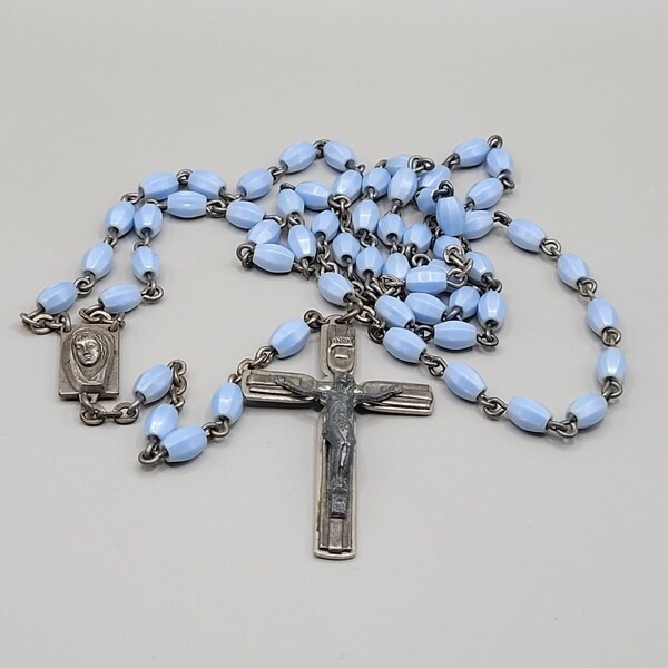 Vintage Blue Rosary Bead Necklace