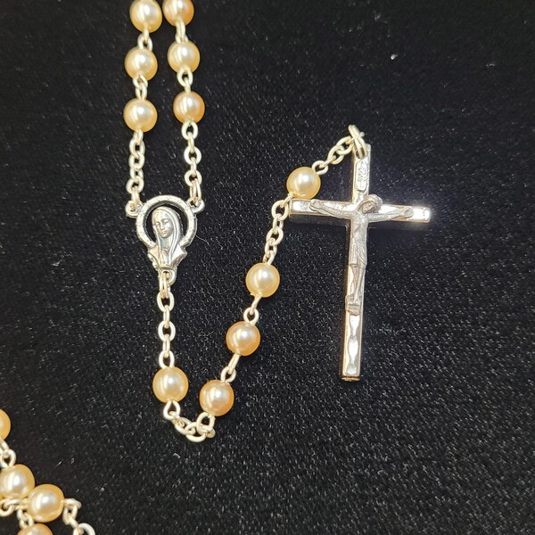 Catholic Rosary Necklace - Cream White Pearl Beads With Gold Plated Crucifix, 26 Inch
