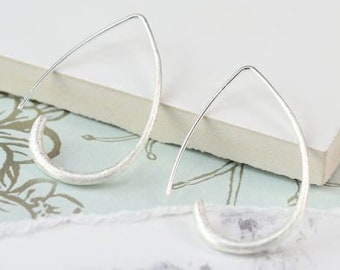 Silver Teardrop Earrings, Silver Plated Scratched Teardrop Earrings, Simple Everyday Geometric Teardrop Earrings, Teardrop Hoops, #03099
