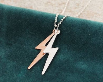 Lightning Bolts Necklace, Silver Plated Rose Gold Custom Personalized Jewelry For Her, Minimalist Dainty Necklace, 01932r